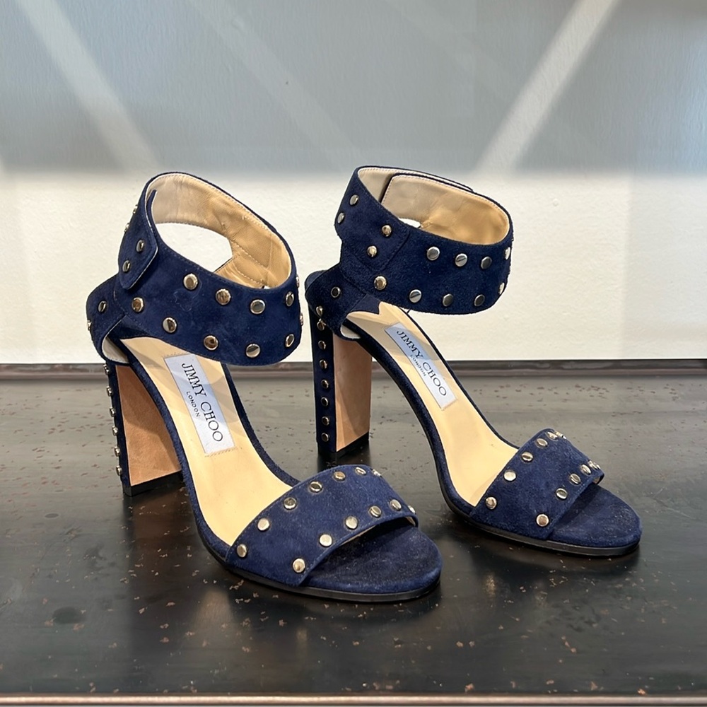 Jimmy Choo Navy Blue Suede and Silver Studded Heels- fits like a 37